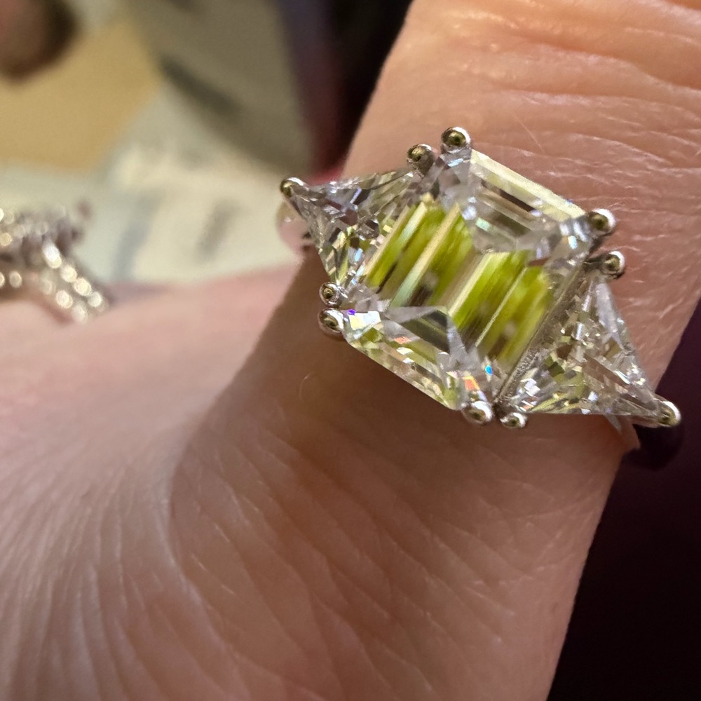 Classic Three-Stone Emerald Cut moissanite Ring size 9 sterling silver